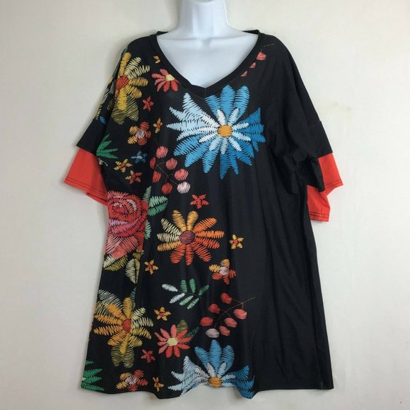 Lily by Firmiana Women's Black & Blue Floral V-Neck Ruffle-Sleeve Tunic 1XL - Picture 5 of 10